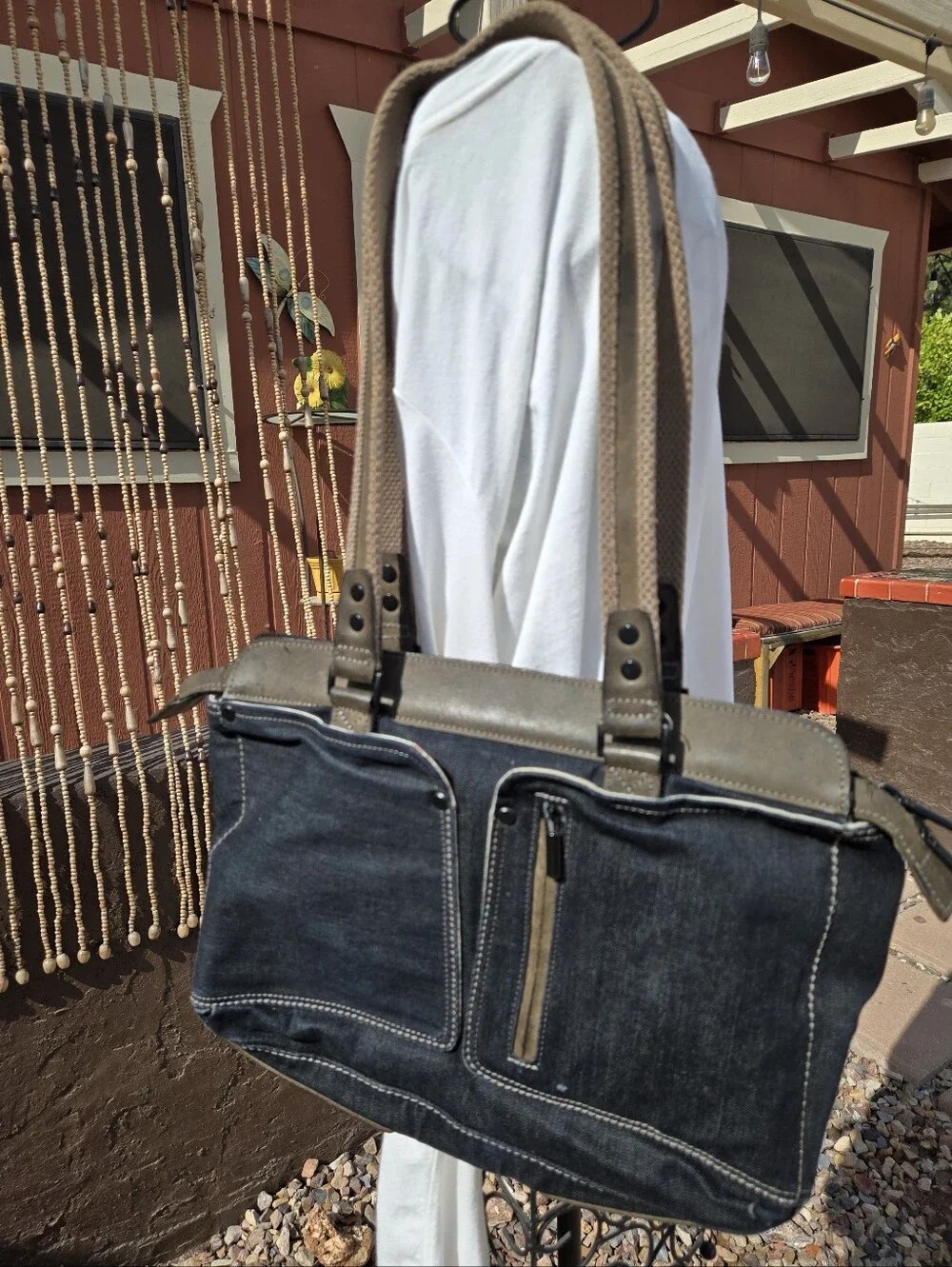 Men's Dark Blue Canvas Messenger Tote with Recycled Leather From Italy